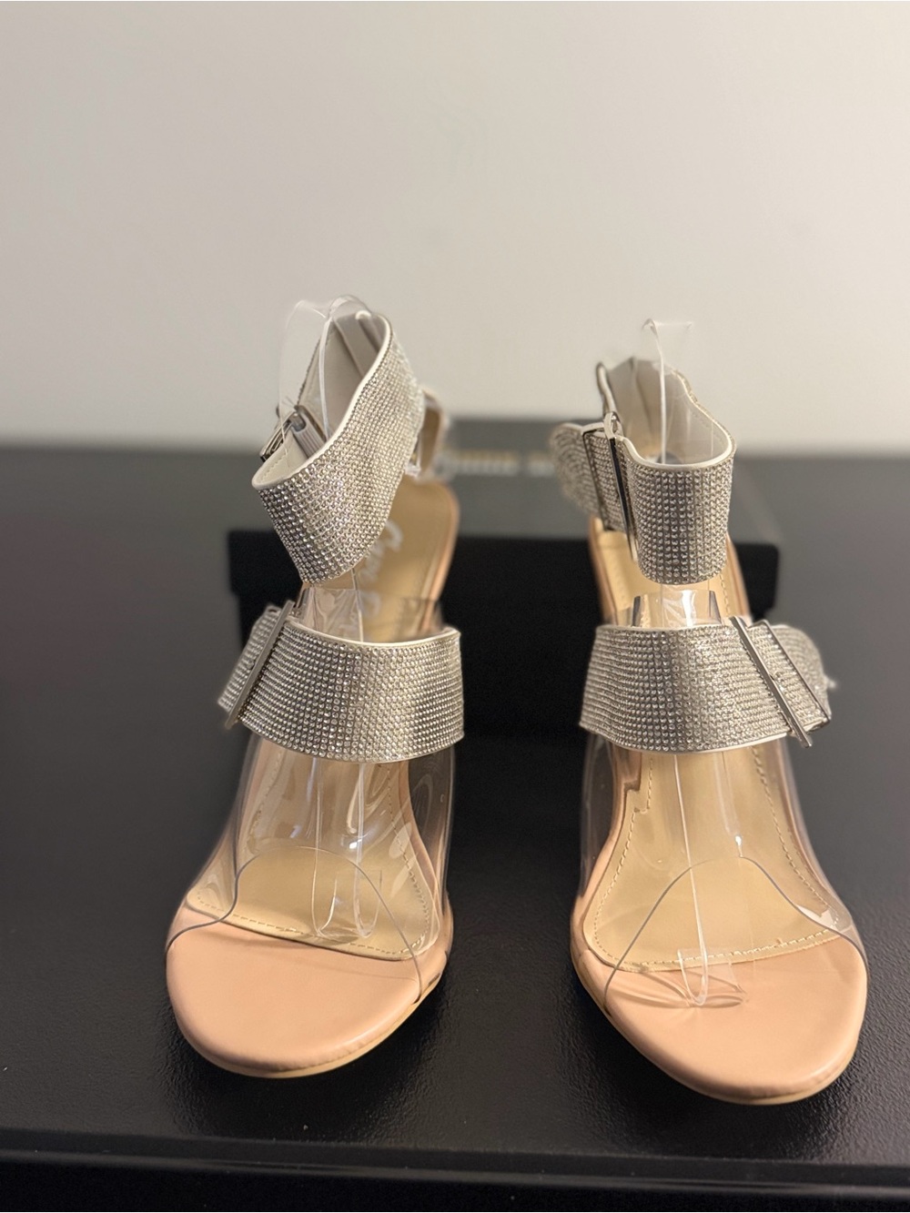 Cape Robbin Nude Heels with Silver Crystal Ankle Straps